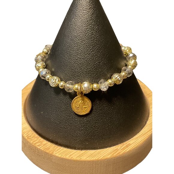 Silver Beaded Bracelet With Gold-Tone Saint Charms & Sparkling Beads - Picture 2 of 3